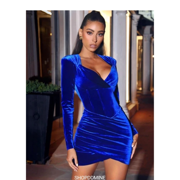 House of CB Royal Blue Velvet Long Sleeve Bodycon Dress - Picture 1 of 11